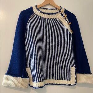 Blue and Cream Crew Neck Sweater with wood button detail